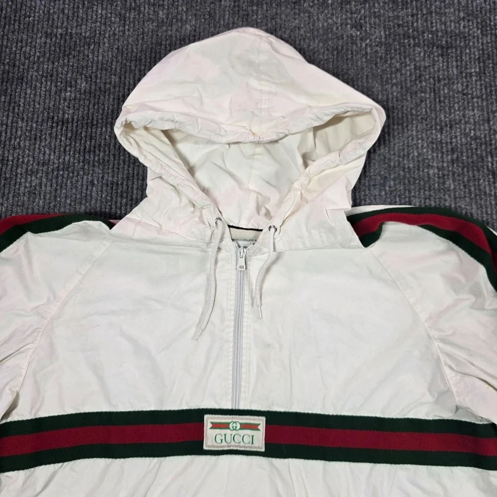 Gucci Jacket Mens IT 50 White Hooded Retro Canvas Stripe Logo Windbreaker Italy